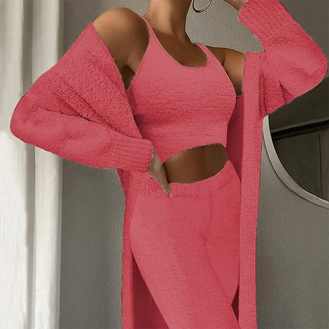 Women's Loungewear Sets Fluffy Fuzzy Sweatsuit 3 Pieces Pajama Pure Color Warm Fashion Simple Party Home Street Fleece Crew Neck Sleeveless Crop Top Pant Elastic Waist Winter Fall Black Camel