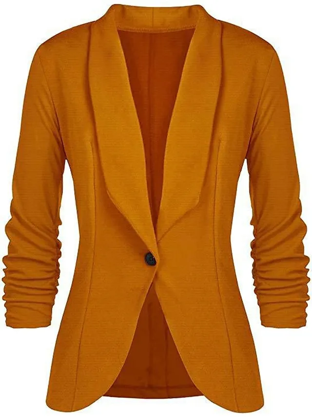 Women's Blazer Formal Office Jacket Open Front Button Plain Windproof Streetwear Pink Regular Fit Outerwear Long Sleeve Spring Navy S