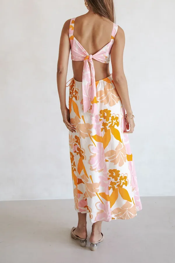 Cut Out Floral Print Midi Dress