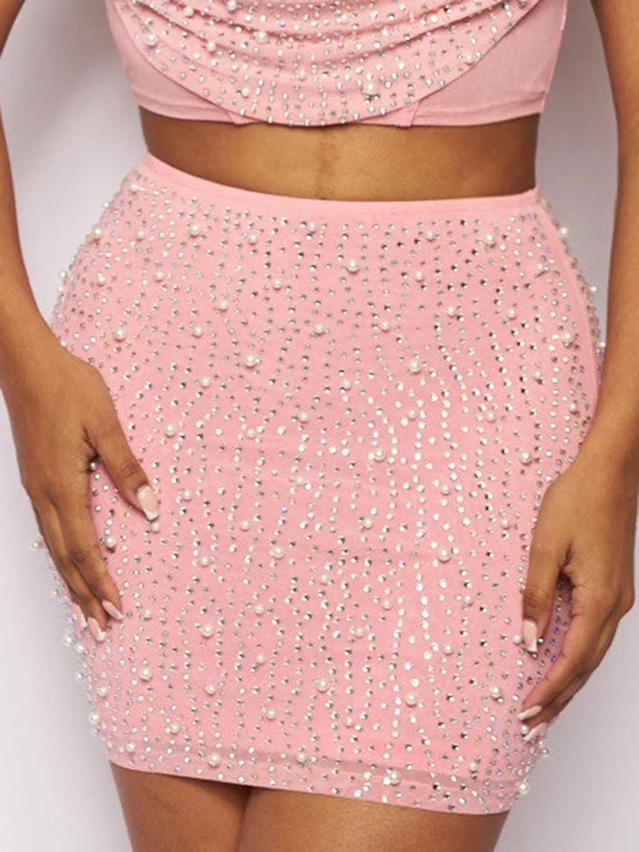 Pink Embellished Bra Top and Mini Skirt Set