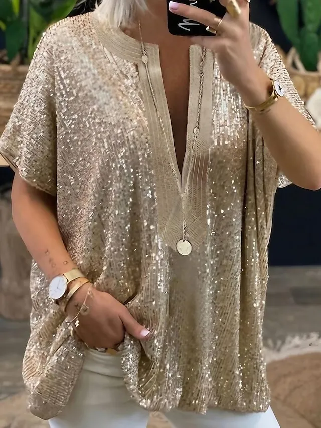 Women's Plus Size Shirt Blouse Silver Gold Plain Sparkly Sequins Half Sleeve Party Date Vacation Vintage Fashion Streetwear V Neck Regular Fit Summer Spring