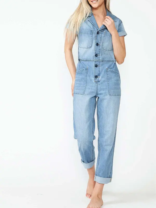 Light Blue Denim Short - Sleeve Jumpsuit