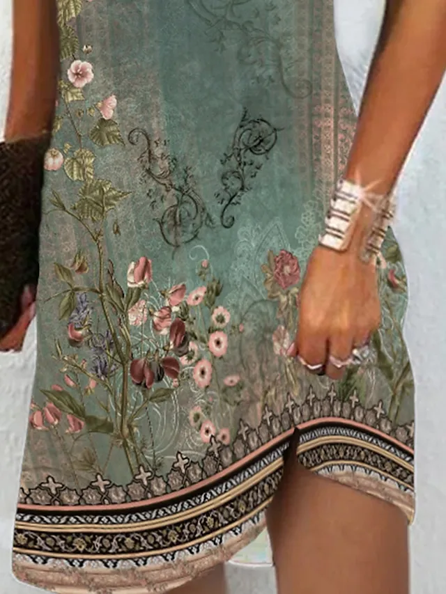 Women's Casual Dress Ethnic Dress Summer Dress Floral Tribal Cut Out Print V Neck Mini Dress Active Fashion Outdoor Daily Short Sleeve Regular Fit Red Blue Green Summer Spring S M L XL XXL