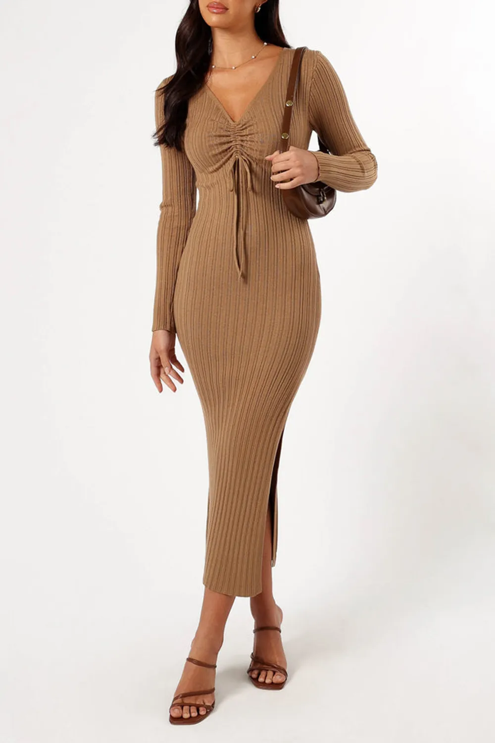 BLACK AND BROWN LONG SLEEVE MIDI DRESS
