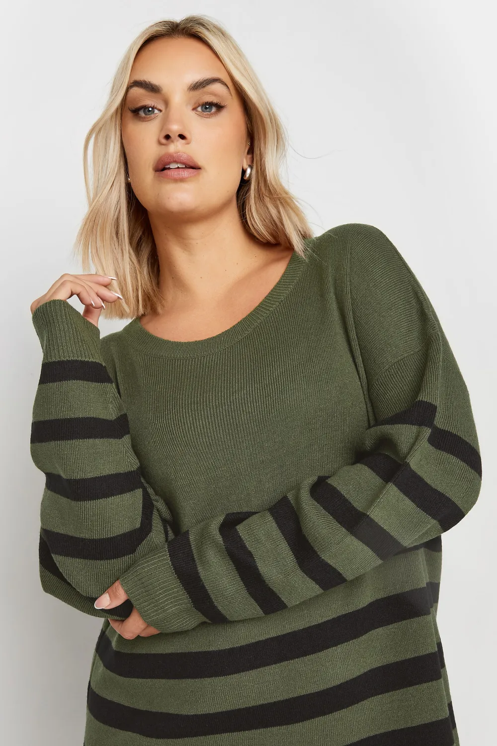 YOURS Curve Khaki Green Stripe Knitted Jumper Dress