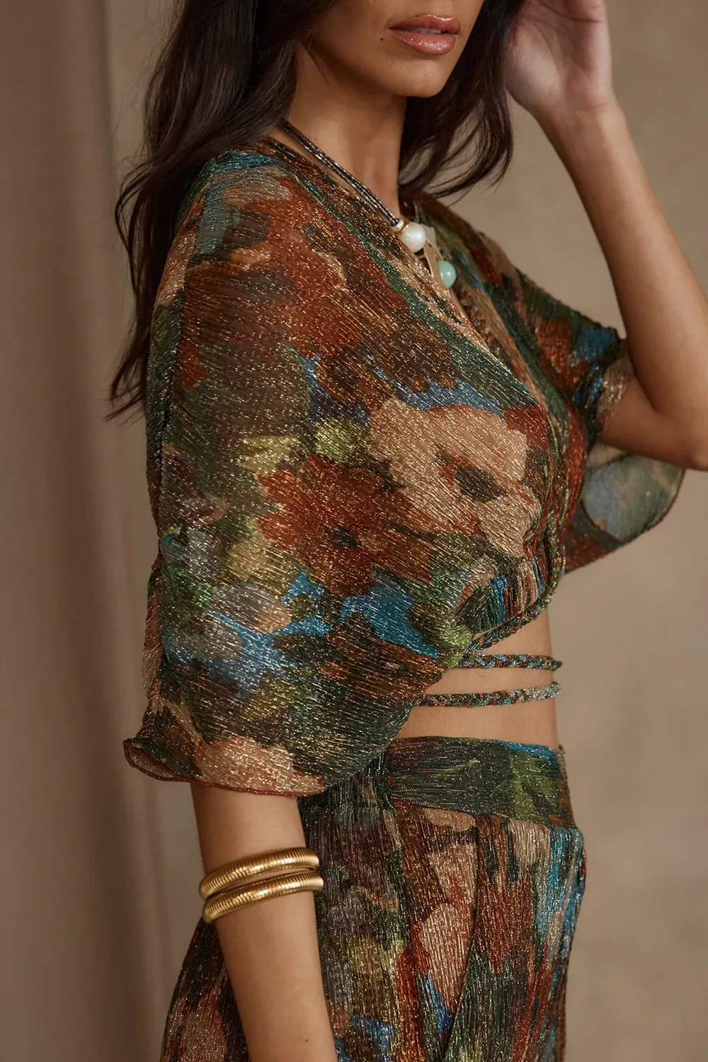 Multicolor Metallic Floral Crop Top