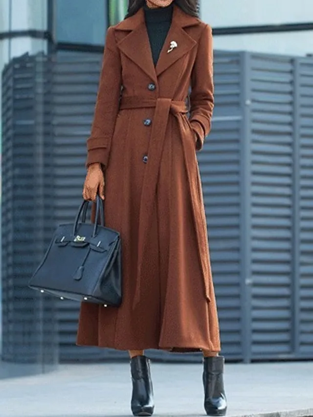 Women's Long Overcoat Winter Coat Single Breasted Trench Coat Thermal Warm Windproof Belted Dress Coat Fall Silm Fit Elegant Lady Coat Classic Jacket Long Sleeve