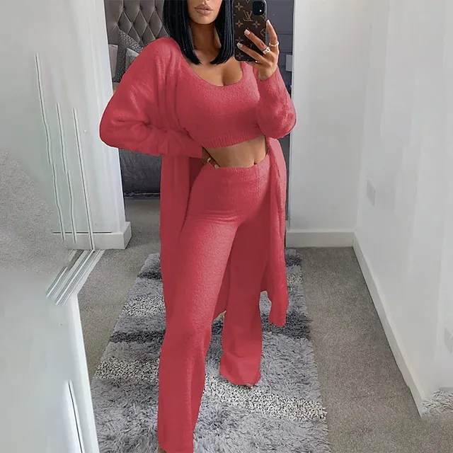 Women's Loungewear Sets Fluffy Fuzzy Sweatsuit 3 Pieces Pajama Pure Color Warm Fashion Simple Party Home Street Fleece Crew Neck Sleeveless Crop Top Pant Elastic Waist Winter Fall Black Camel