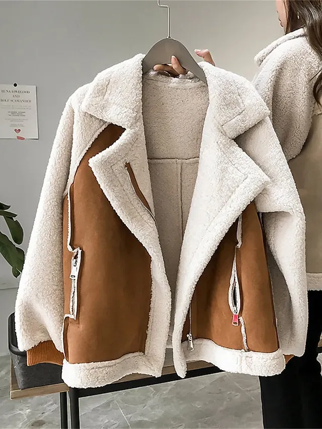Women's Suede Sherpa Jacket Fall Fleece Shearling Jacket Winter Zipper Lapel Coat Windproof Warm Moto Biker Jacket Ice Cream Street Wear Button Modern Casual Outerwear Long Sleeve