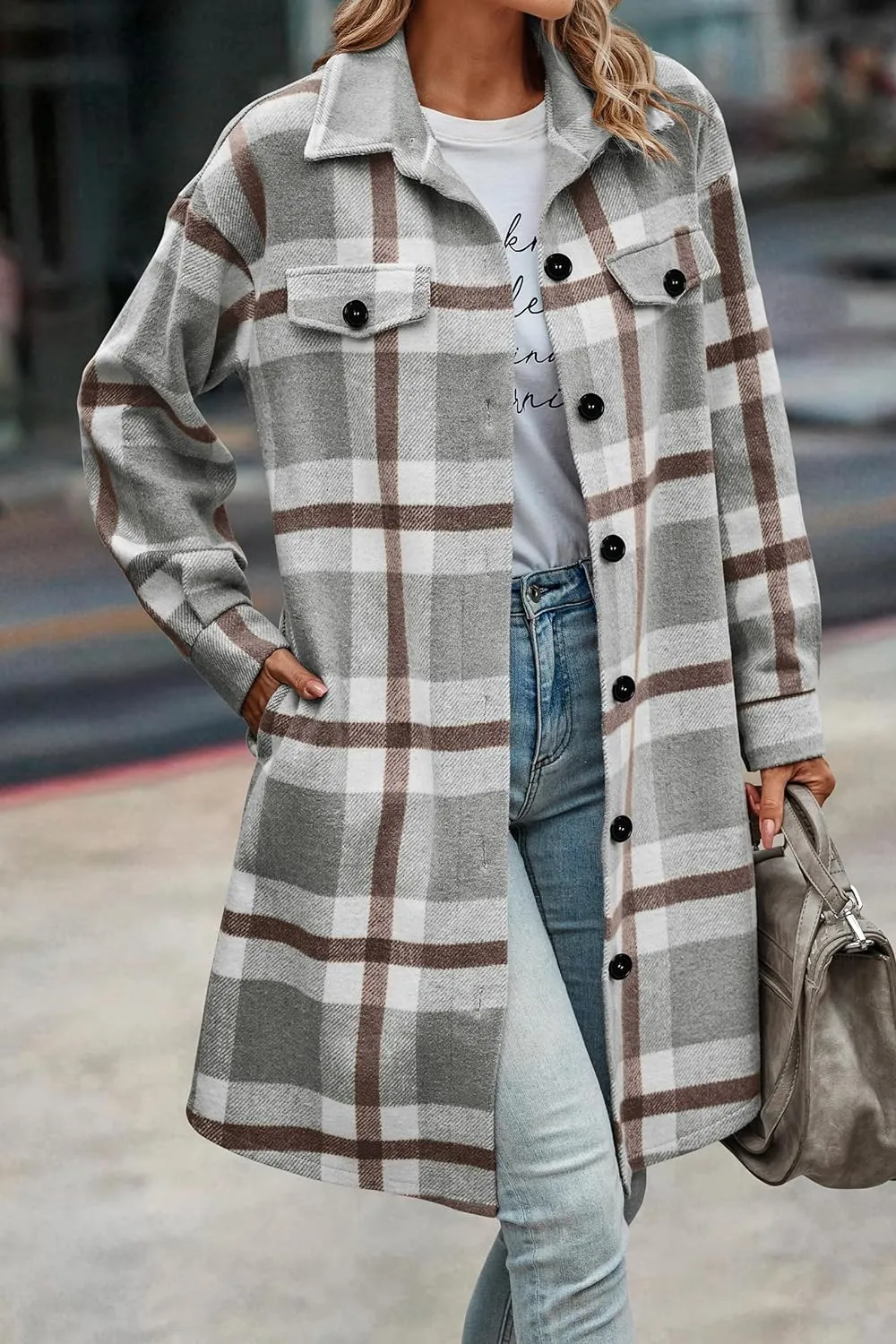 Women's Plaid Shacket 2023 Long Sleeve Button Up Flannel Shirt Winter Tartan Jacket Woolen Coats