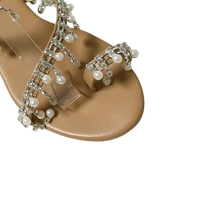 Women's Sandals Boho Bohemia Beach Plus Size Wedding Party Outdoor Summer Imitation Pearl Flat Heel Open Toe Cute Elegant Casual Faux Leather Loafer Brown