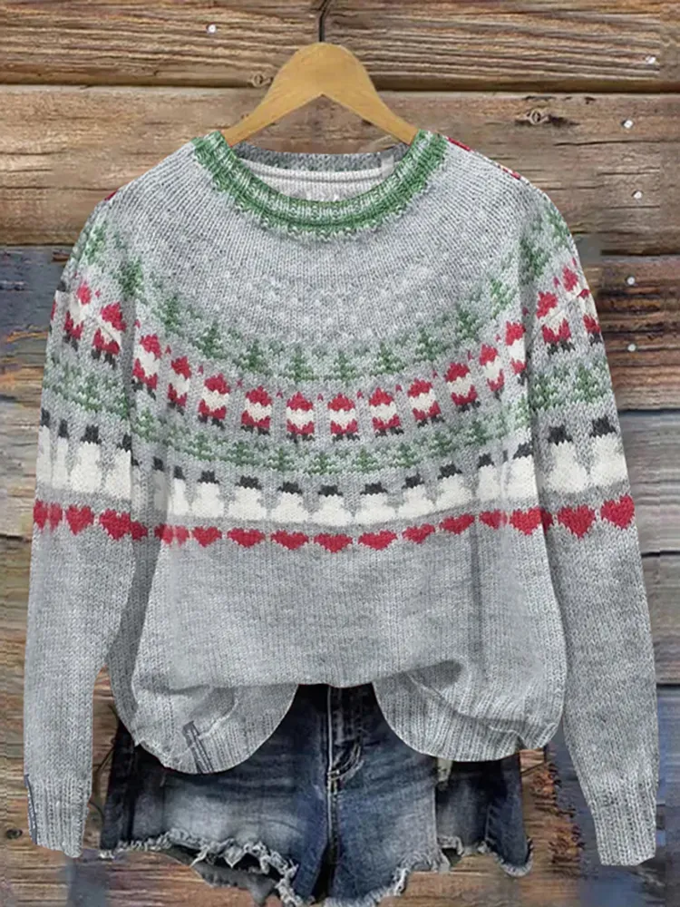 Vintage Santa Claus Contrast Jacquard Crew Neck Sweater
