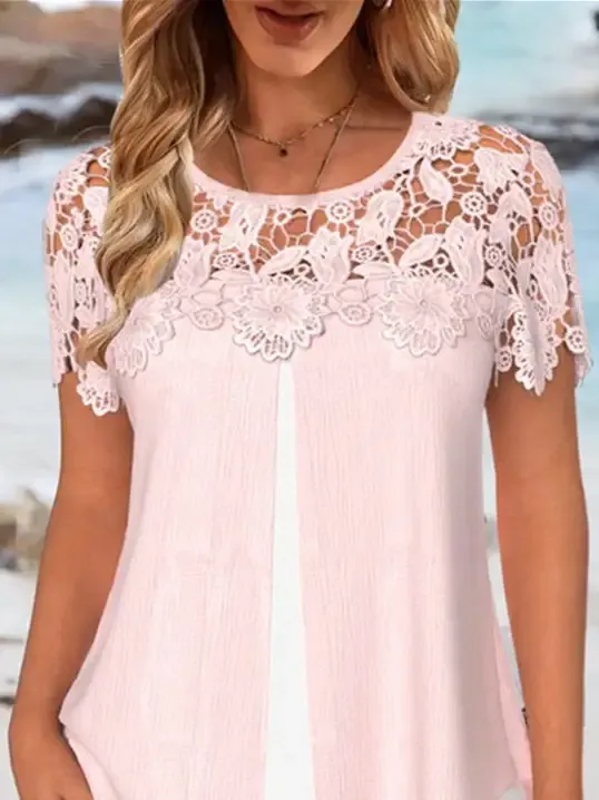 Women Short Sleeve Scoop Neck Lace Tops