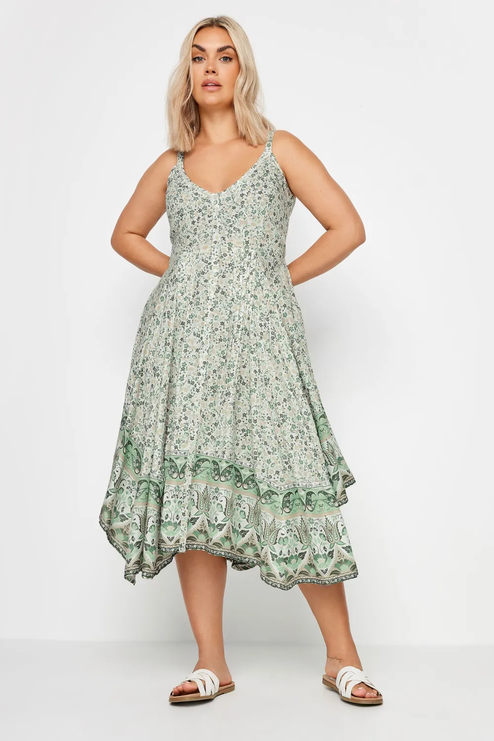 YOURS Curve Green Floral Print Hanky Hem Dress