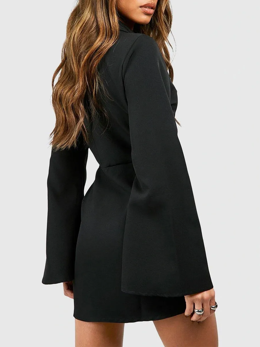Women's Black Deep V-Neck Metal Buckle Tie Blazer Dress