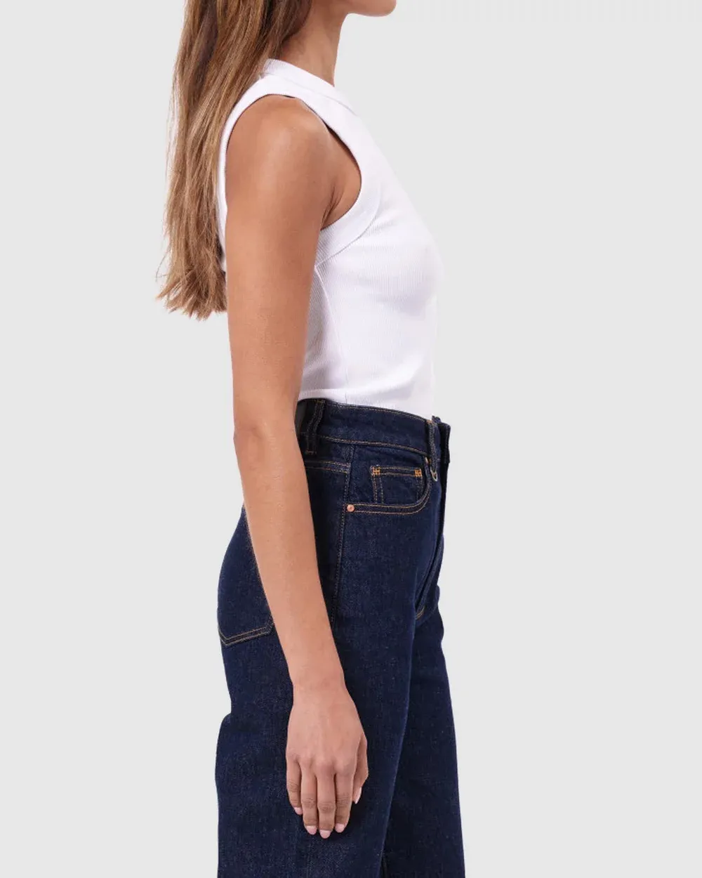 Plain white round neck striped vest