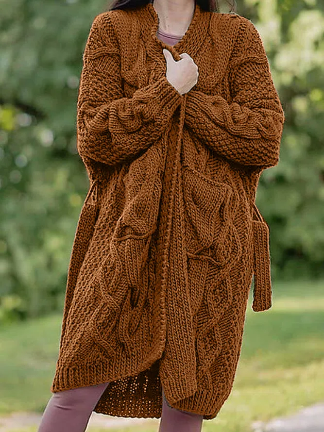 Plain Lace-Up Casual Sweater Coat