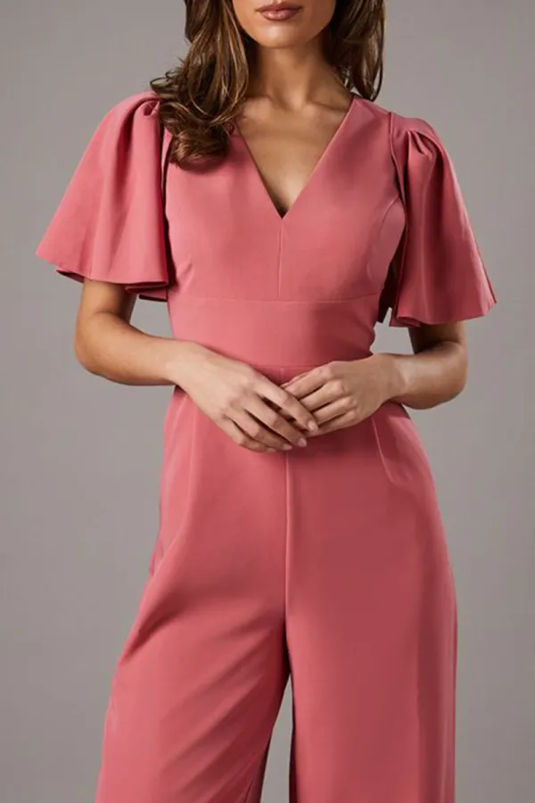 Casual Style Flutter Sleeve Plunge Jumpsuit