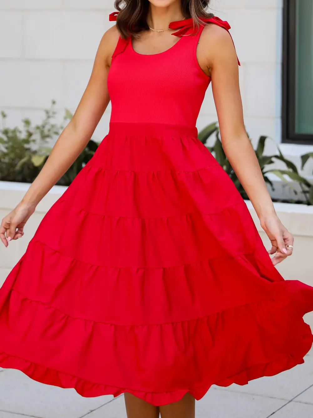 Sweet Daylight Red Tiered Midi Dress