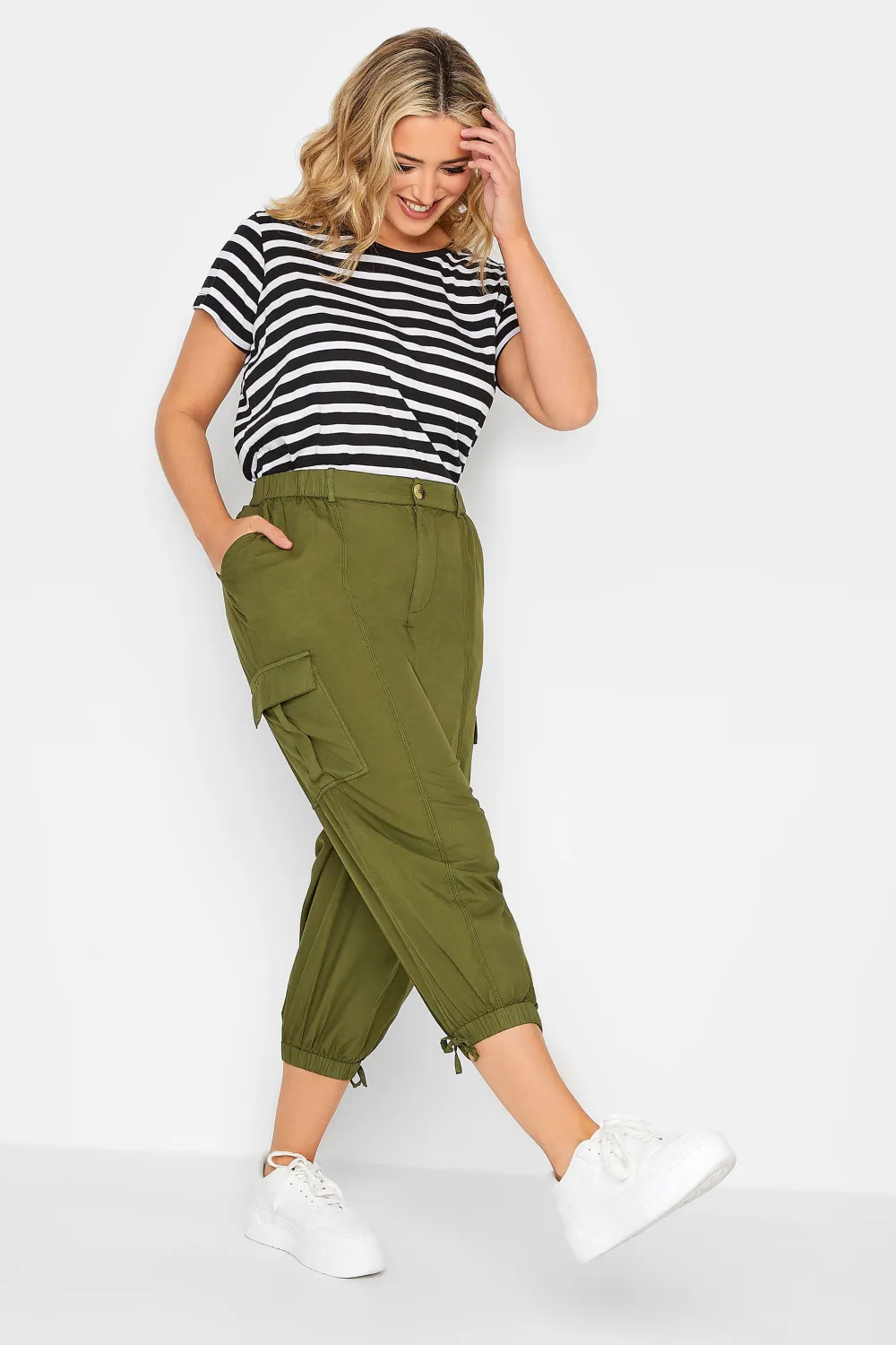 YOURS Curve Khaki Green Cropped Cargo Trousers