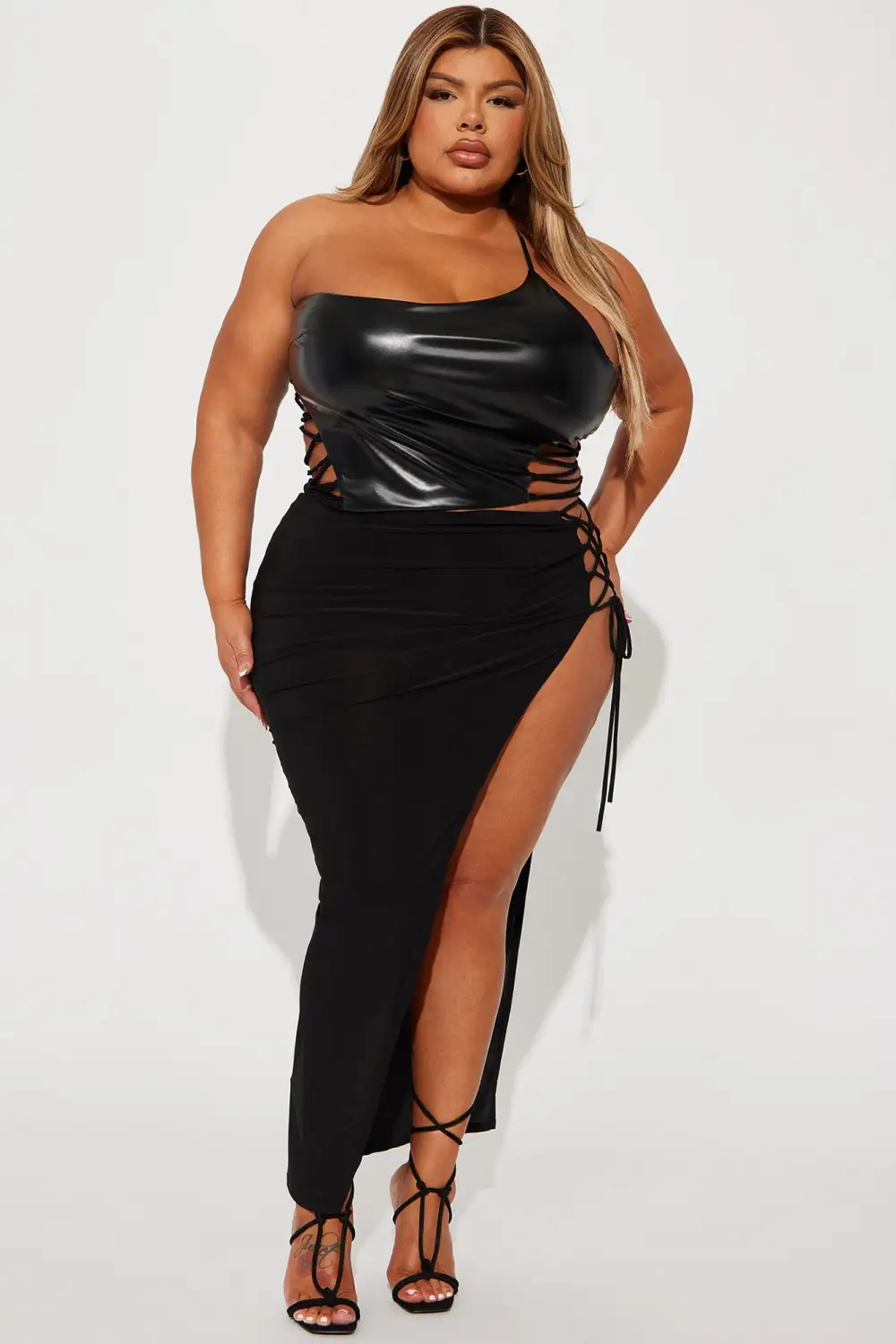 Wrapped Up One Shoulder PU Top - Black