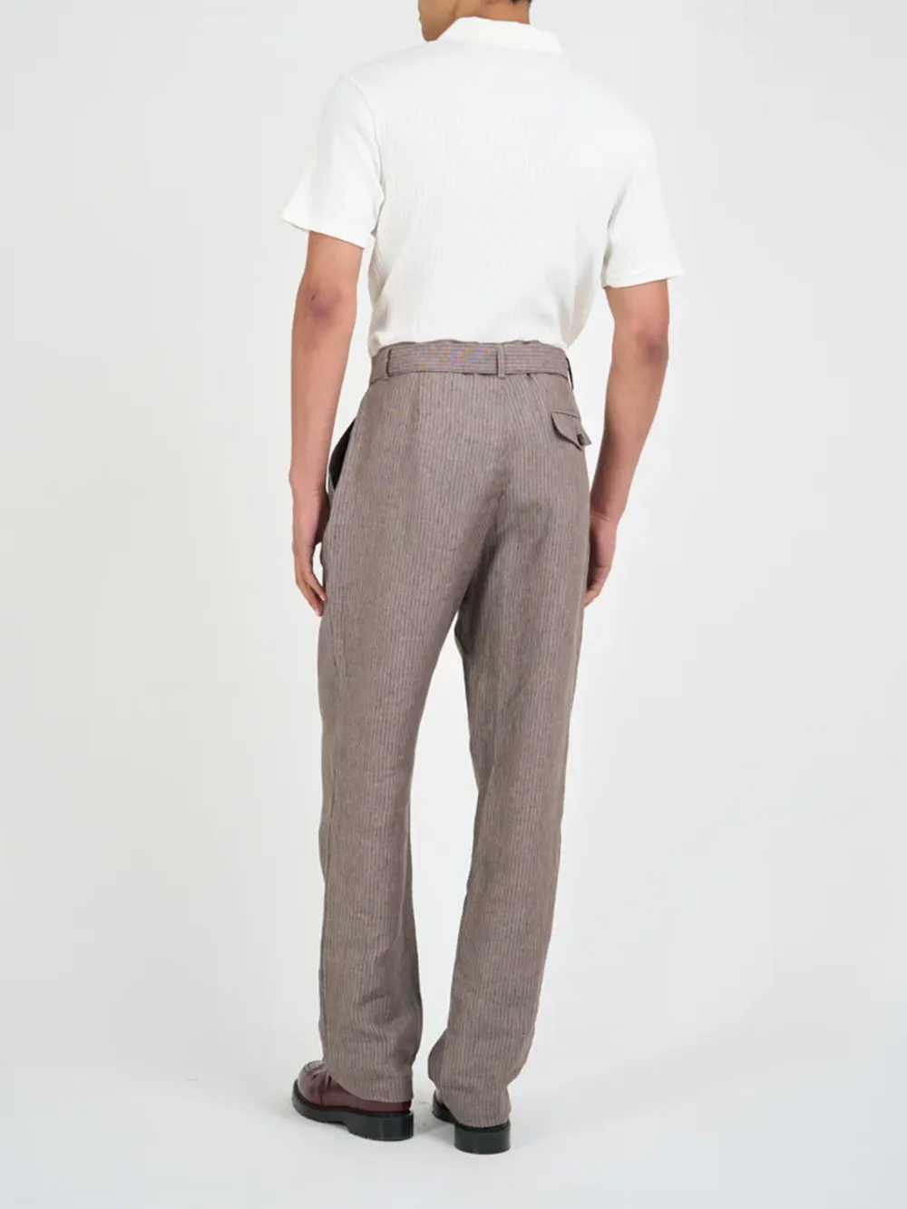 Brown Straight-Leg Belted Linen Trousers