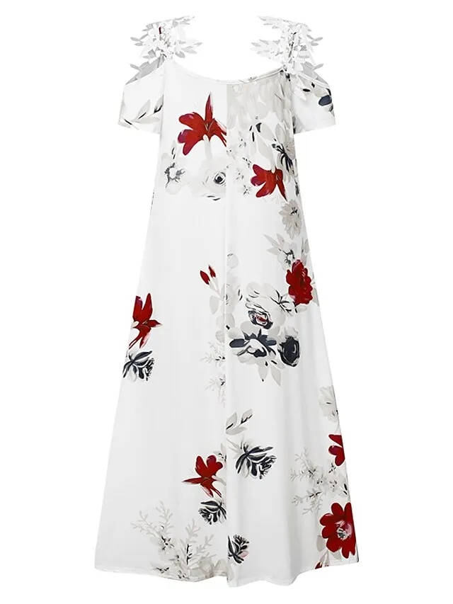 Women's Casual Dress Floral Dress Long Dress Maxi Dress Black White Blue Short Sleeve Floral Cold Shoulder Spring Summer V Neck Fashion Daily Vacation Weekend 2023 S M L XL XXL 3XL