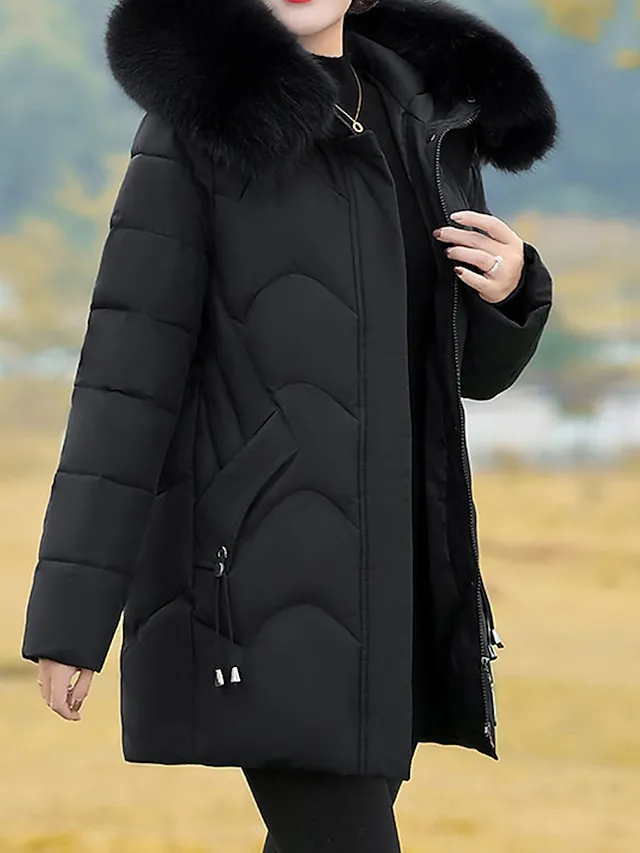 Women's Parka Warm Breathable Outdoor Street Daily Wear Going out Zipper Pocket Fur Collar Zipper Hoodie Fashion Modern Casual Street Style Solid Color Regular Fit Outerwear Long Sleeve Fall Winter