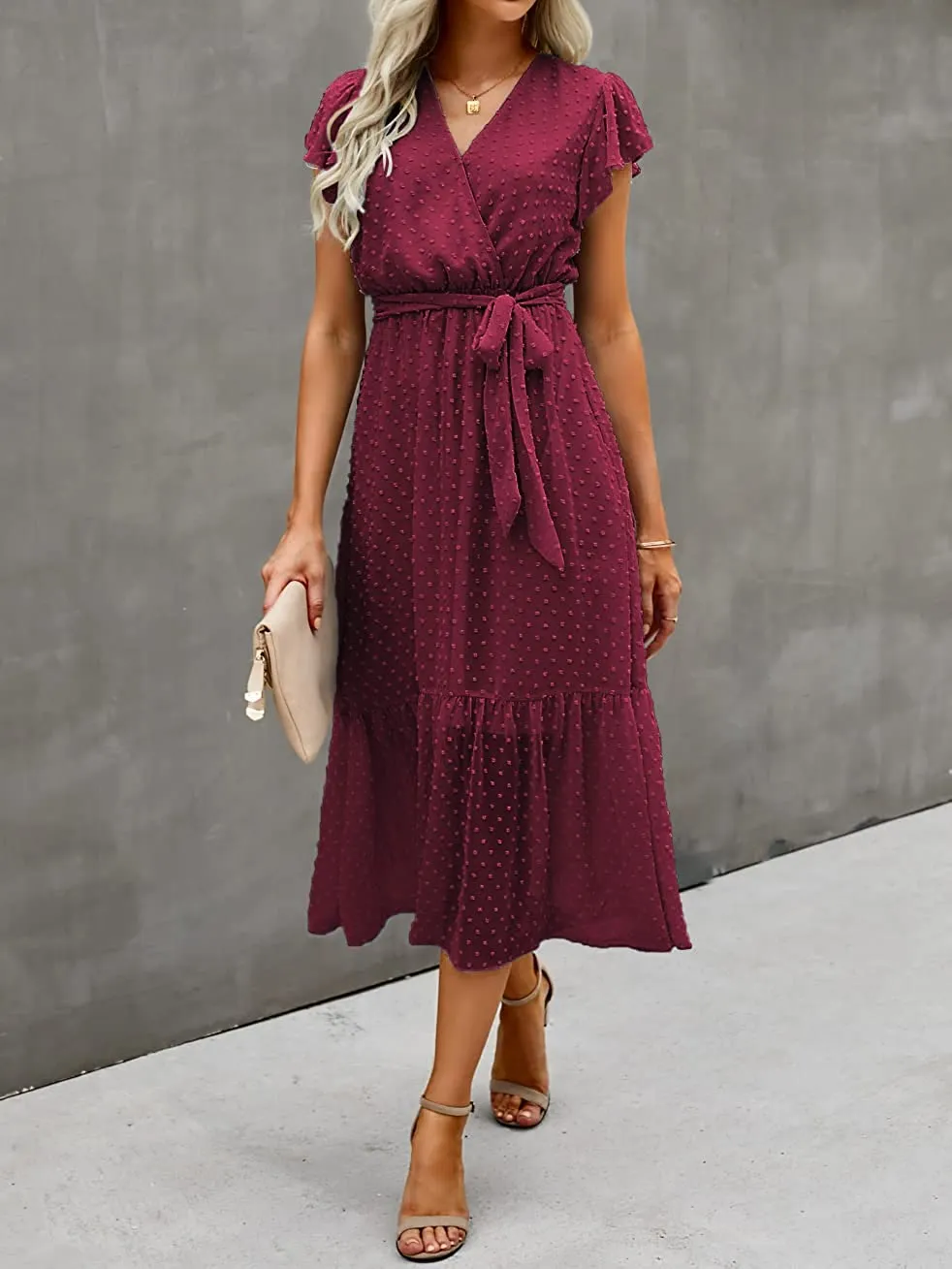 Women Summer Bohemian Floral Casual Wrap V Neck Ruffle Cap Sleeveless Belt A-Line Pleated Hem Swing Midi Sun Dress