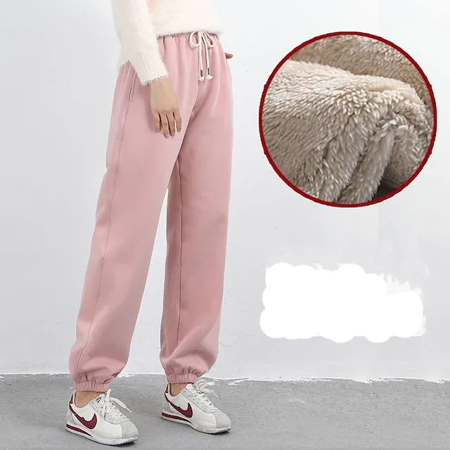 Women's Fleece Lined Sweatpants Joggers Black Pink Light Grey Solid Color Drawstring Daily Basic S Fall Winter