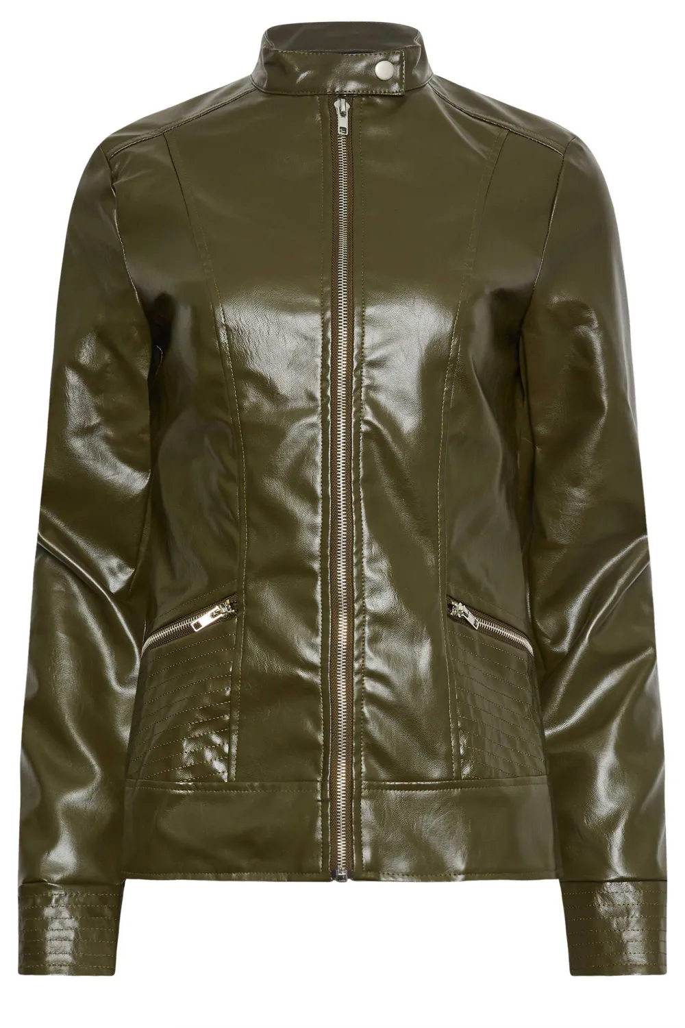 LTS Tall Khaki Green Faux Leather Funnel Neck Jacket