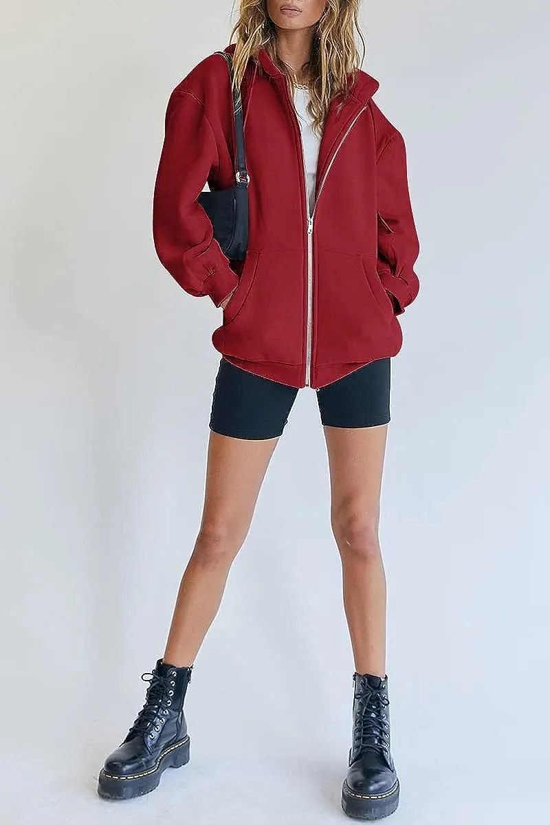 Women's Cute Hoodies Teen Girl Fall Jacket Oversized Sweatshirts Casual Drawstring Zip Up Y2K Hoodie with Pocket