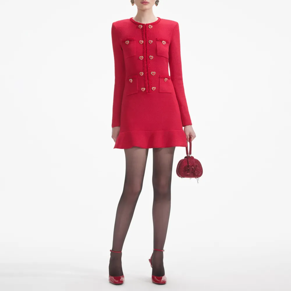 Red Knit Heart Buttoned Mini Dress