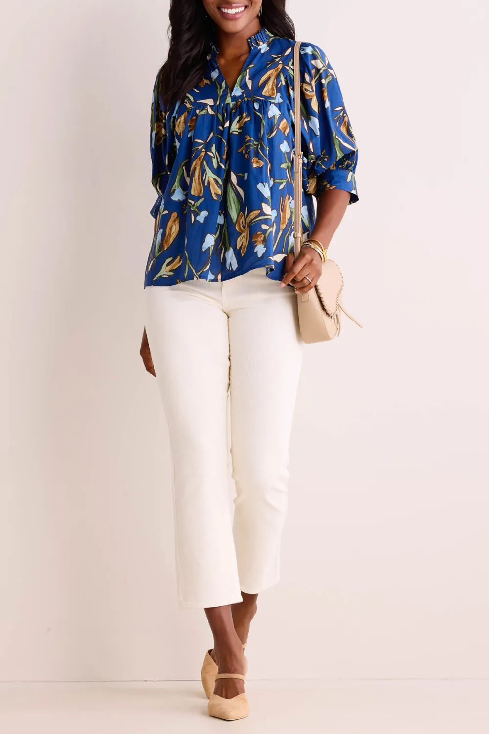 Blue Floral Print V-Neck Long Sleeve Blouse