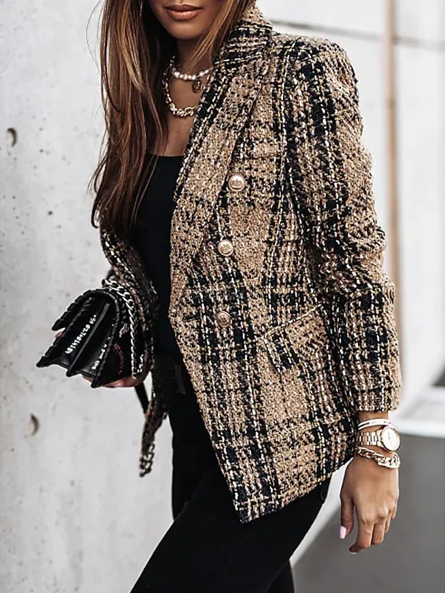 Women's Blazer Tweed Maillard Plaid Long Sleeve Coat Fall Winter Business Double Breasted Regular Jacket Green Brown XL 2XL 3XL