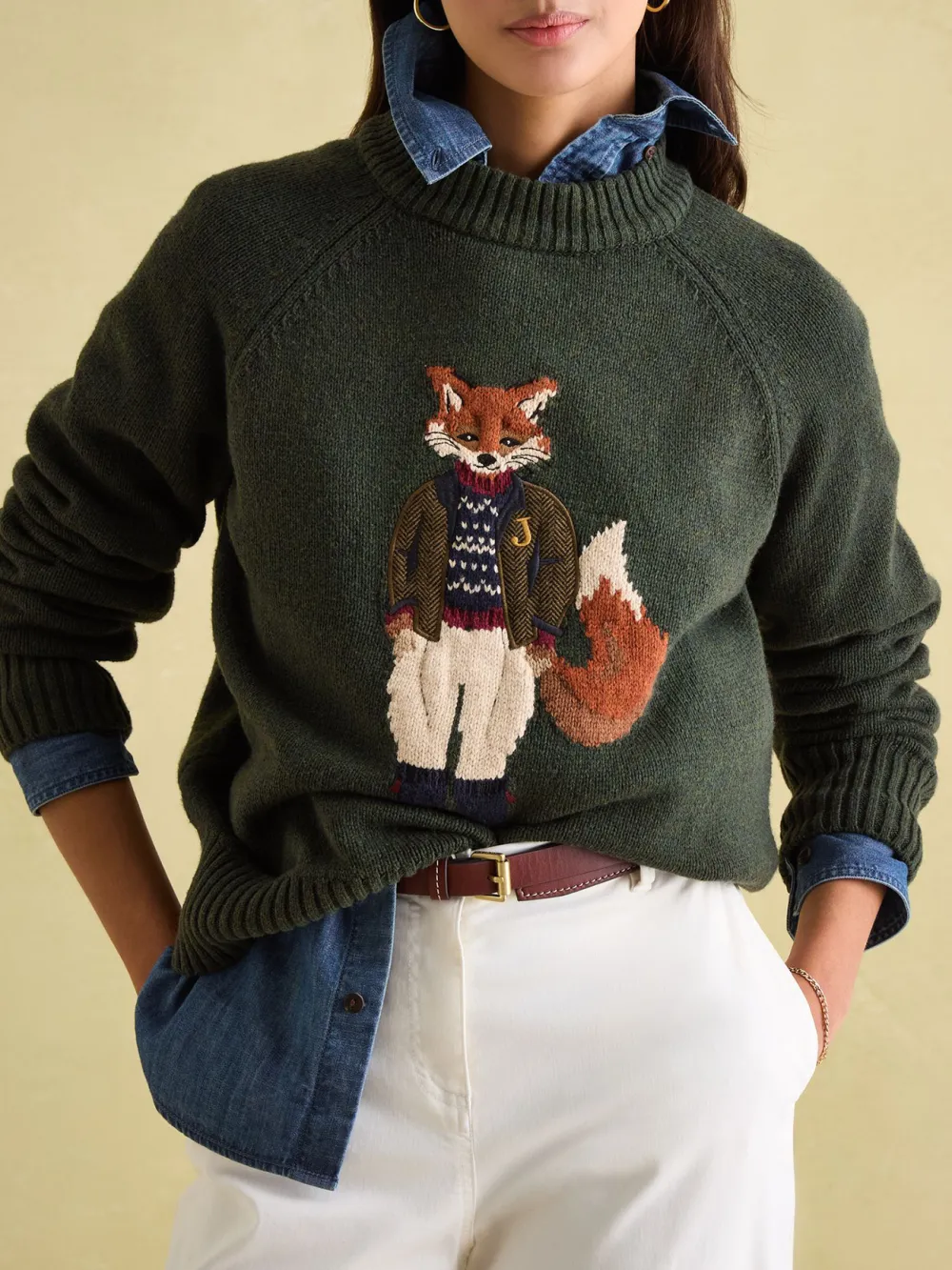 Dark Green Intarsia Fox Knit Jumper