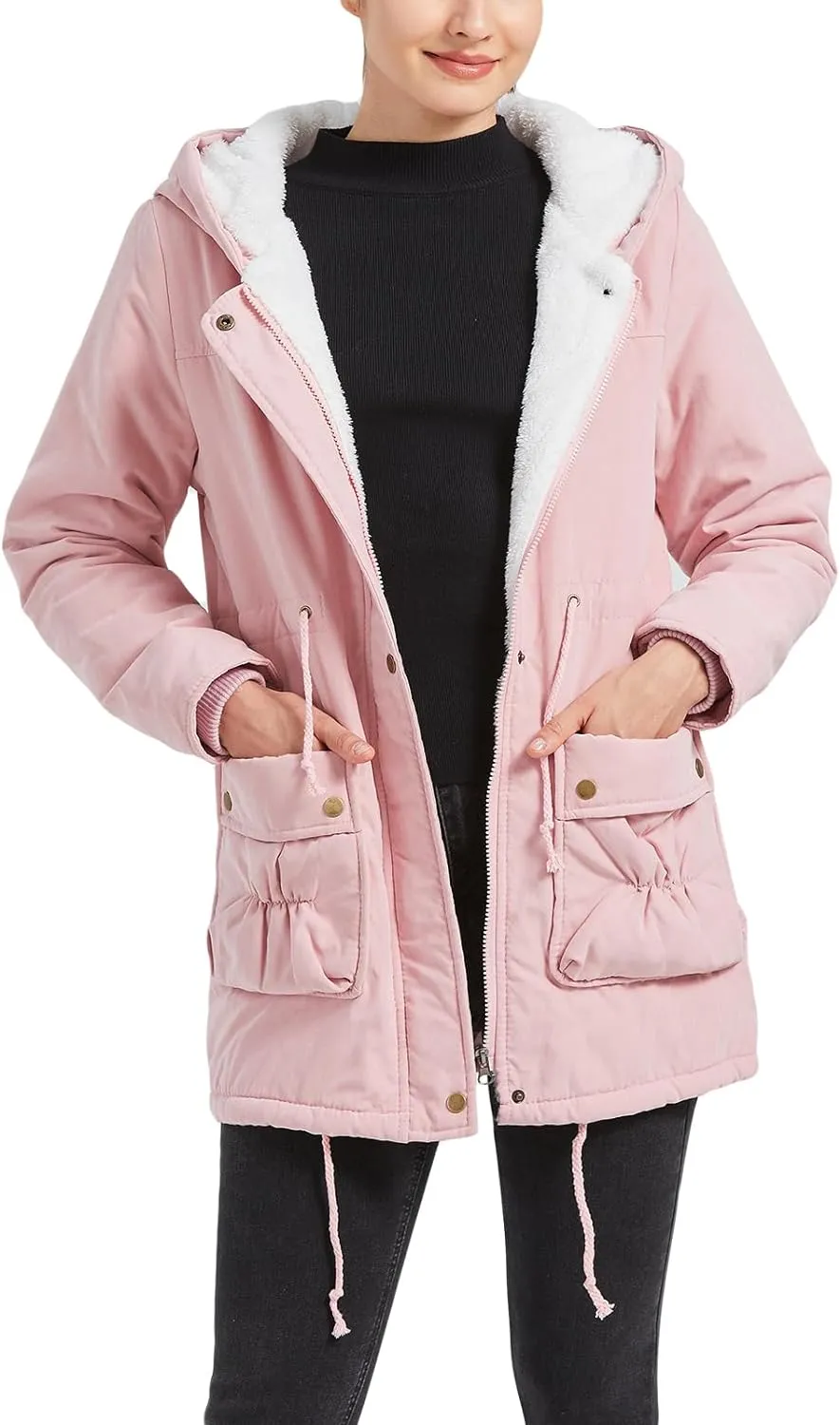 Women's Winter Mid Length Thick Warm Faux Lamb Wool Lined Jacket Coat