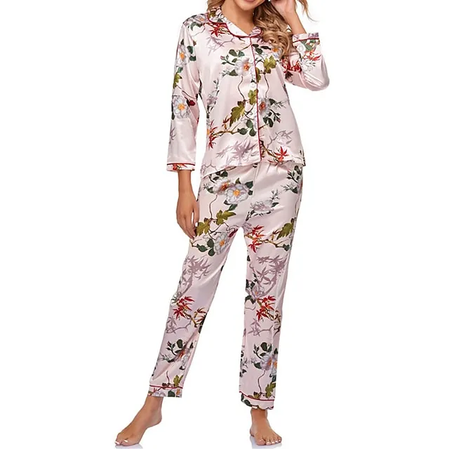 Women's Pajamas Sets Pjs 2 Pieces Leopard Stripe Fashion Simple Comfort Home Daily Vacation Satin Breathable Gift Lapel Long Sleeve Pant Button Elastic Waist Fall Spring Light Pink Black