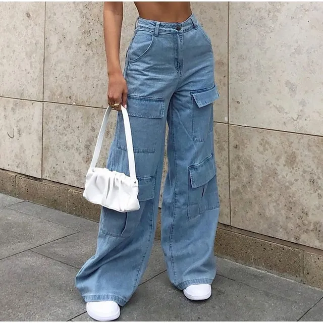 Women's Jeans Cargo Pants Baggy Full Length Denim Baggy Micro-elastic Mid Waist Fashion Casual Street Weekend Blue S M Summer Spring &  Fall