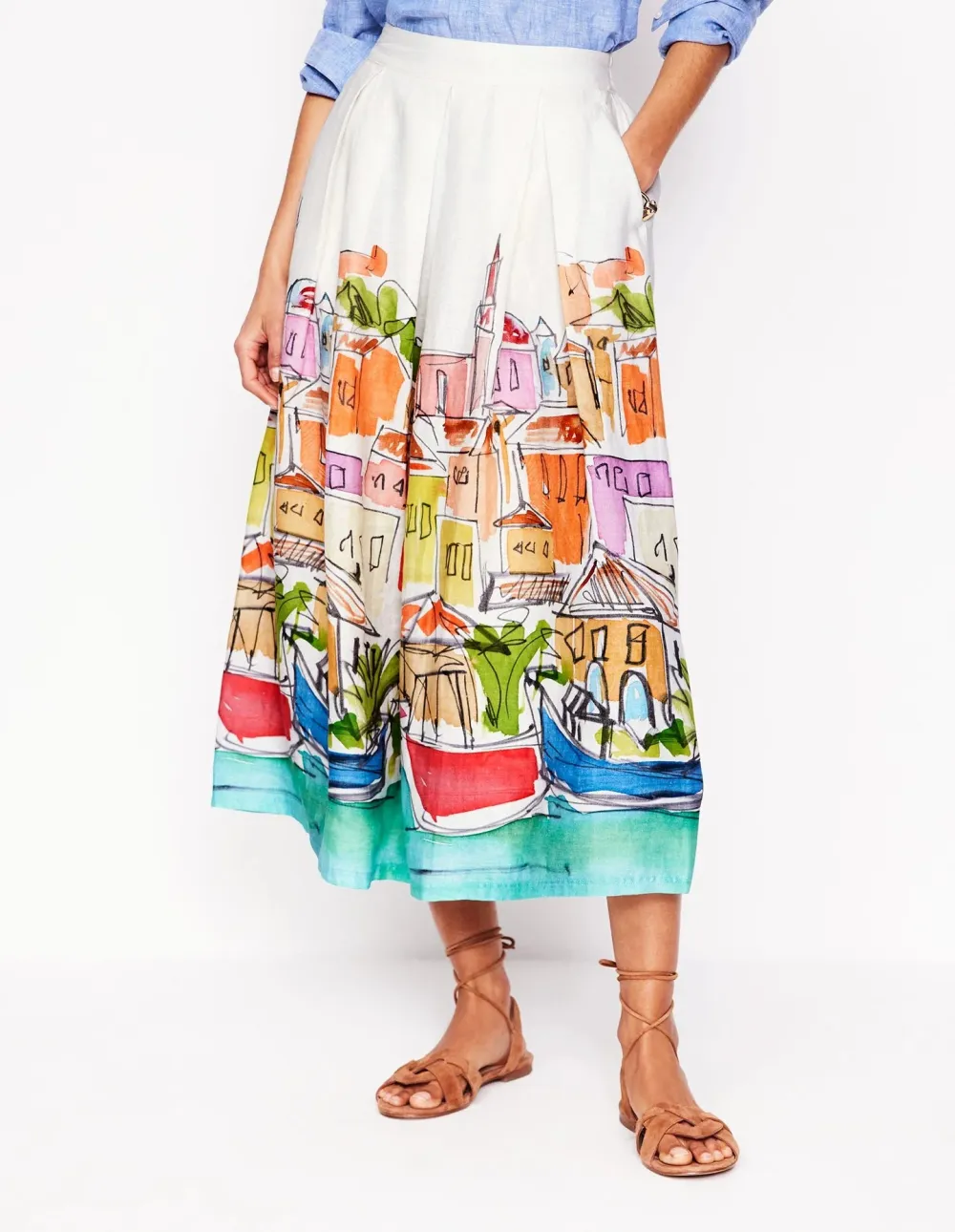 Multi  Rainbow Village Linen Midi Skirt