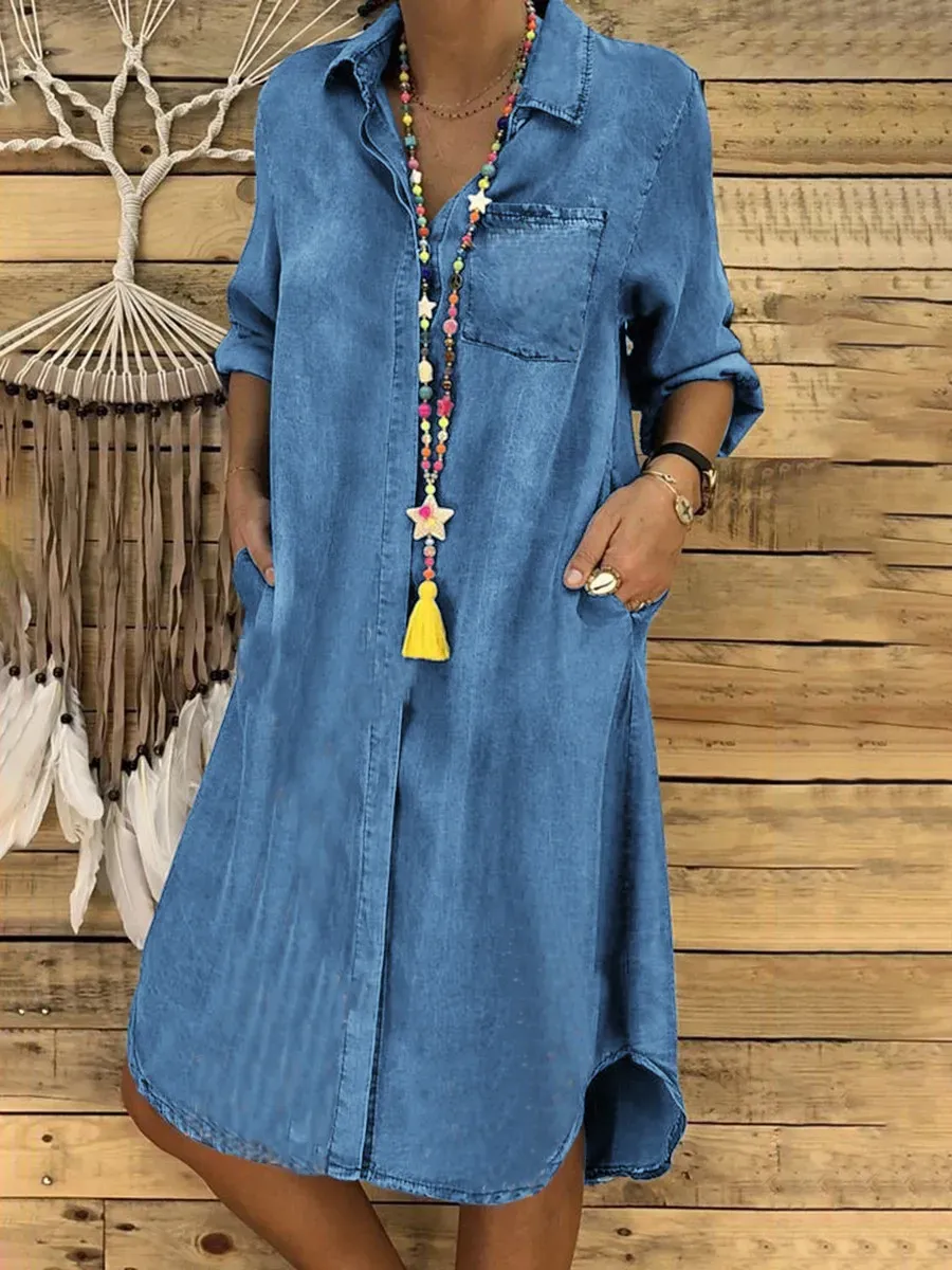 Casual Lapel Solid Denim Dress