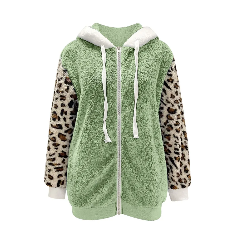 Casual Oversized Leopard-Painted Lambsool Hooded Coat