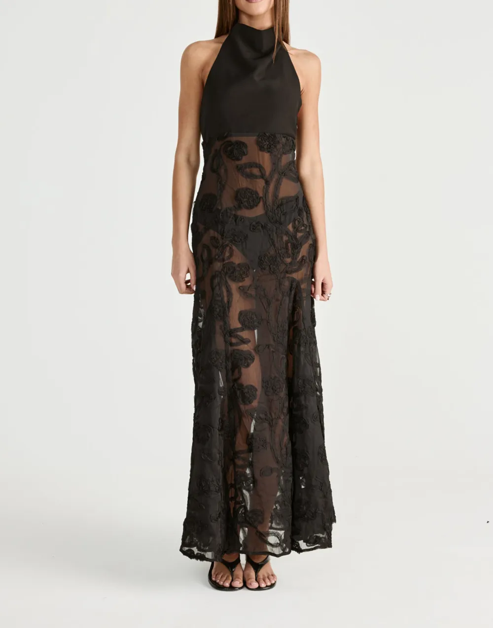 Fashion Floral Textured Open Back High Neck Dress