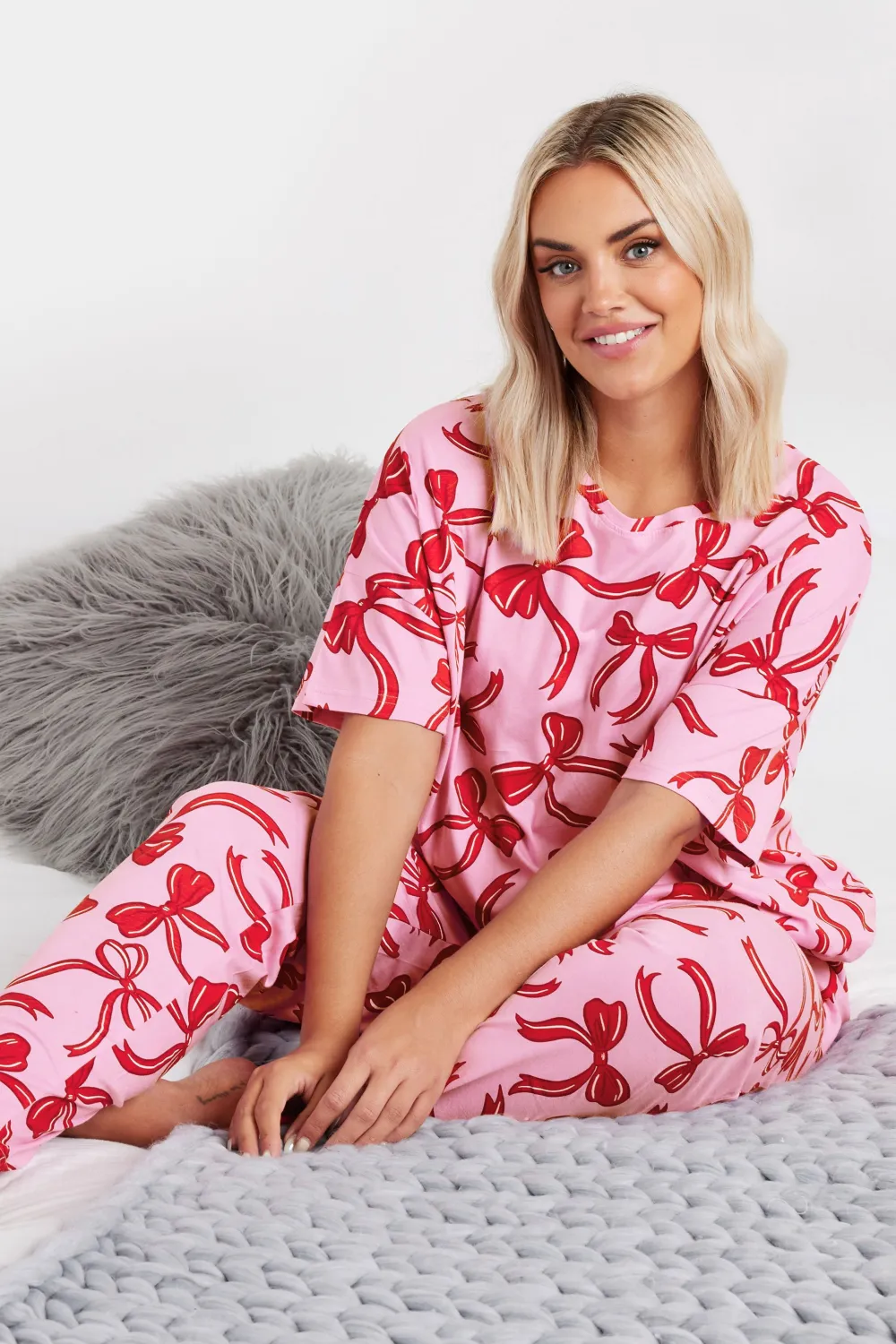 YOURS Curve Pink Bow Print Tapered Pyjama Set