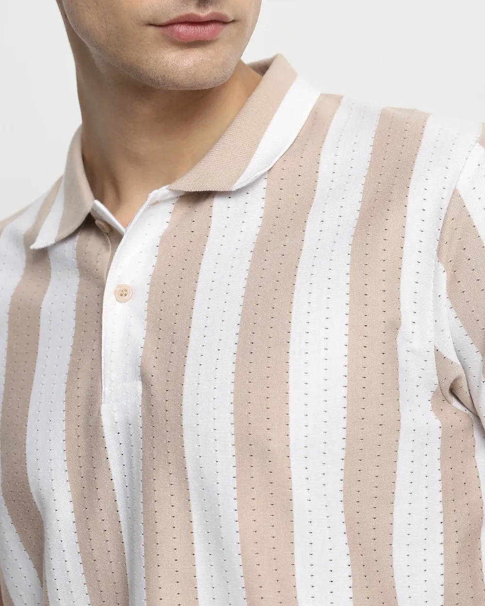 Daily Simple And Slimming Beige Striped Textured Polo Shirt