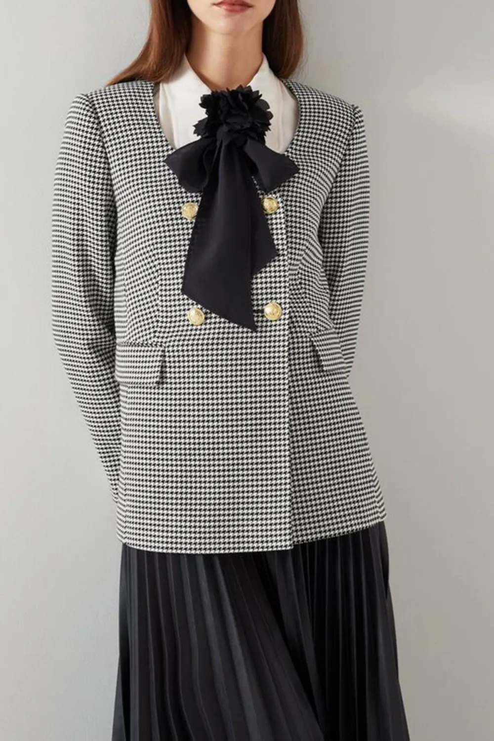 Black Cream Checkered Bow Detail Short Coat
