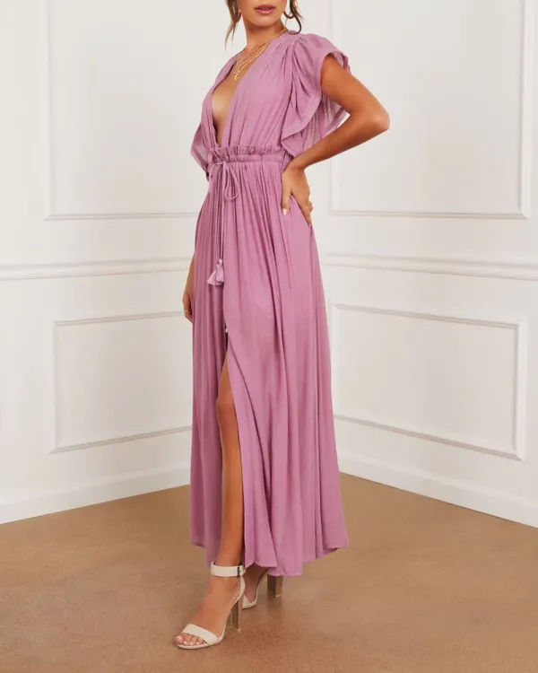 Button Front Cinched Waist Maxi Dress