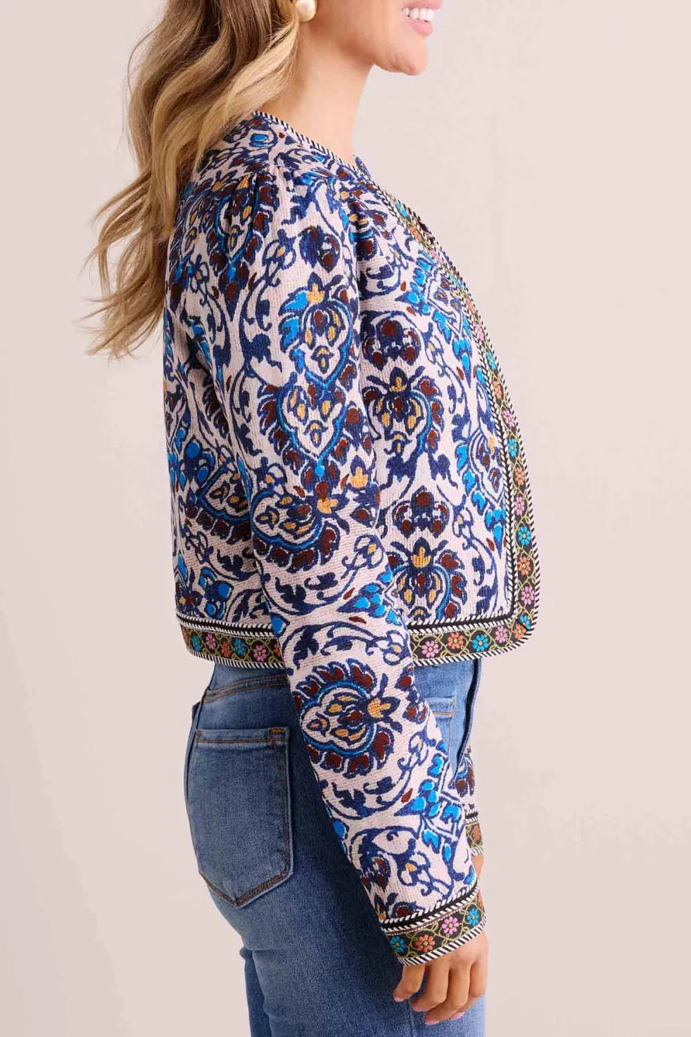 Multicolored Patterned Trim Cropped Jacket