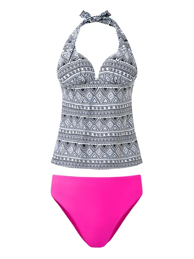 Vacation Ethnic Printing Halter Tankinis Two-Piece Set
