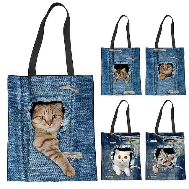 Women's Tote Shoulder Bag Canvas Tote Bag Polyester Shopping Holiday Print Large Capacity Foldable Lightweight Cat C3303Z22 CA4914Z22 CA4912Z22